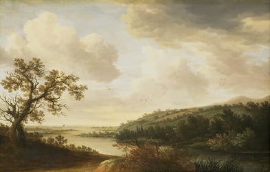 Classical painting of trees on a riverbank at dusk.